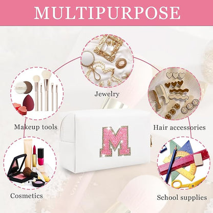 Initial Patch Makeup Bag, Small Preppy A-Z Glitter Cosmetic Bag, PU Leather Waterproof Travel Toiletry Bag, Cute Make Up Pouch Personalized Monogrammed Gift for Women Teen Girls (Letter M)
