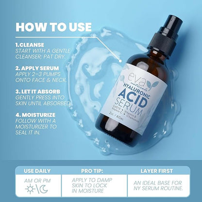 Eva Naturals Hyaluronic Acid Serum for Face – Pure Facial Gel with Natural Moisturizing Factors + HA – Anti-Aging Face Serum for Wrinkles, Fine Lines, Dry Skin, Lifted Glow – 2 oz