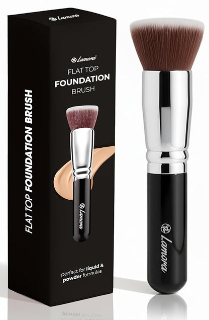 Lamora Makeup Brush Foundation Kabuki - Flat Top Face Brush for Liquid, Cream, and Powder Cosmetics - Full Coverage Blending, Buffing, Stippling, Contouring