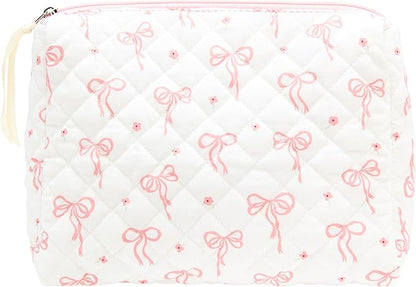Quilted Makeup Bag Large Travel Zipper Soft Cosmetic Pouch for Women Girls Make Up,Bow Pink