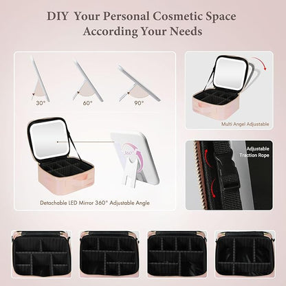 Travel Makeup Bag with LED Lighted Mirror, Cosmetic Makeup Organizer Bag with 3 Color Setting, Makeup Train Case with Adjustable Dividers for Women Makeup Brushes Jewelry Accessories