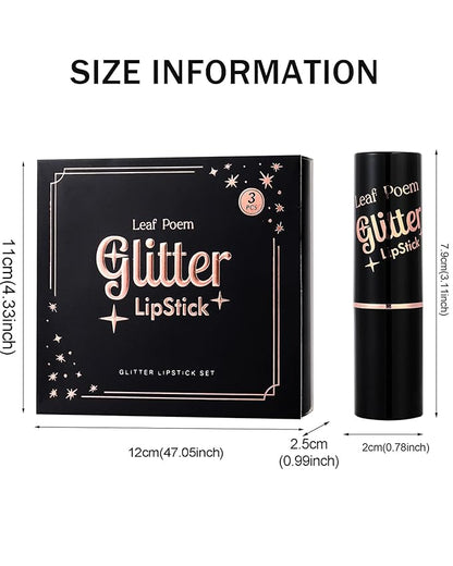 Metallic Glitter Lipstick Set Long Lasting,3 Pcs Diamond Shimmer Lip Gloss Pink Brown Red Rose Red Matte Lip Stick for Women,Sparkling Shiny Transfer Proof Non Stick Tinted Lip Balm Color Makeup-Set A