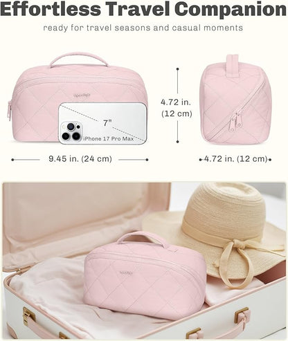 Hynes Eagle Travel Makeup Bag for Women Puffy Cosmetic Organizer Pouch Open Flat Toiletry Bag for Toiletries, Brushes Pink