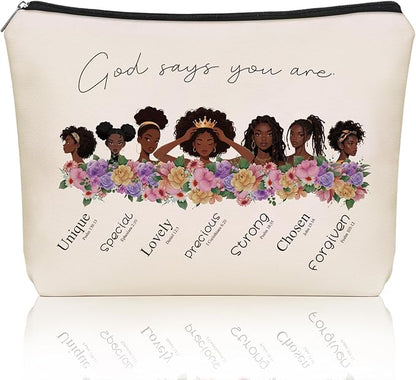 Inspirational Christian Makeup Bag Gifts: God Says You Are Themed Cosmetic & Toiletry Organizer Pouch For African American Black Teen Girls & Women.Ideal Gift For Travel, Birthdays, & Christmas.