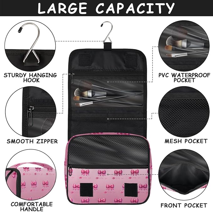 Travel Toiletry Bag for Women & Men Pink Beautiful Flower Hanging Cosmetic Organizer Portable Waterproof Makeup Case Make Up Bag with Compartments Travel Essentials for Bathroom Shower