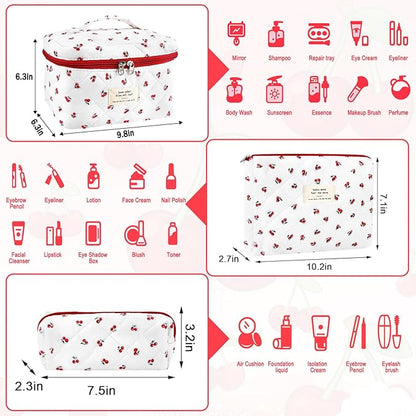 3Pc Cotton Quilted Makeup Bag for Women Extra Large Coquette Small Floral Travel Cosmetic Bag Set Cute Cherry Makeup Pouch Portable Toiletry Bag Organizer Vintage Puffy Essential Storage Bag
