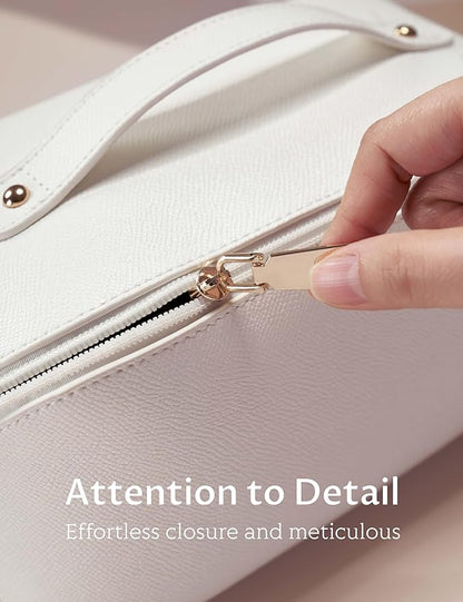 Yarnic White Travel Makeup Bag Cosmetic Bag Make Up Pouch, Large Capacity Toiletry Bag for Women, Portable Pouch Cute Make Up Organizer with Divider and Handle, PU Leather