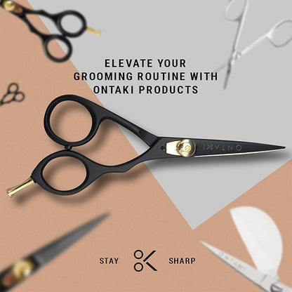 Ontaki Japanese Steel Beard Scissors for Men - 5.5" Ergonomic Black, Right-Handed - Scissors & Comb Travel Set, Beard Grooming Kit with Mustache Comb & Carry Pouch, Blunt-Tip Facial Hair Shears