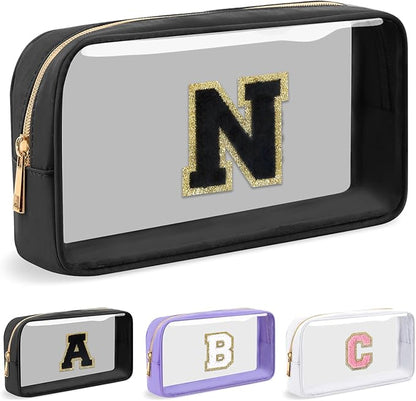 Personalized Initial Letter Clear Makeup Bag,Preppy Small Nylon&PVC Cosmetic Zipper Bag with Chenille Letter,Travel Skincare Toiletry Bag,Monogram Christmas Gift for Teen Girls Women,N
