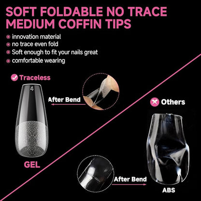 UNA GELLA Medium Coffin Nails Tips, 312Pcs Pre-Etched Gel Nail Tips Coffin Press On Nails Clear Full Cover for Nail Extensions & DIY Art Salon at Home, Long Lasting 12 Sizes