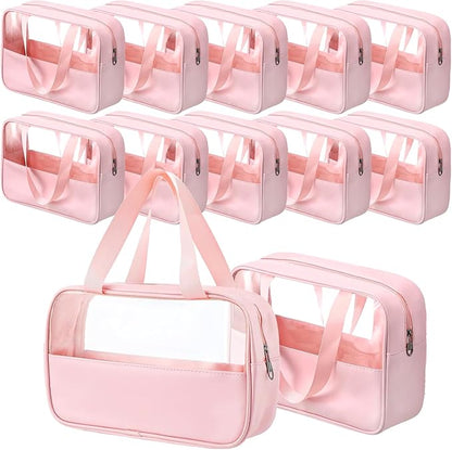 12 Pcs Translucent Make up Bag 10.2 x 6.3 x 2.8 Inches Waterproof Toiletry Organizer with Hanging Handles Portable Cosmetic Travel Bag Carry Pouch for Women and Men Travel Storage (Pink)