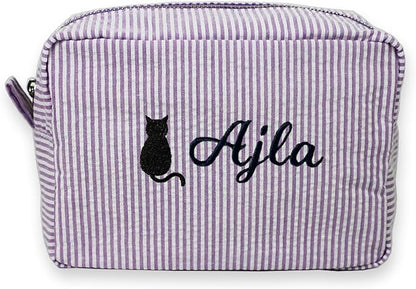 Custom Makeup Bag Personalized Cosmetic Bag Cute Seersucker Travel Toiletry Bag for Women Embroidered Bag Organizer for Bride Makeup Bag Gift Purple