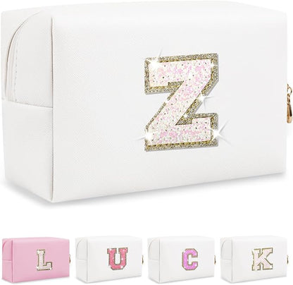 Initial Letter Patch Makeup Bag, Preppy Glitter Pouch Cosmetic Bag, Small PU Travel Toiletry Bag Zipper, Personalized Monogrammed Gift for Friends, Sisters & Teens (Letter Z)