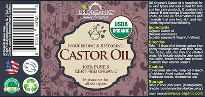 US Organic Castor Oil, USDA Certified Organic,Expeller Pressed, Hexane Free, 100% Pure & Natural moisturizing and Emollient Properties, for Skin, Hair Care, Eyelashes, DIY Projects (4 oz (115 ml))