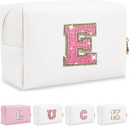 Personalized Initial Letter Makeup Bag, Preppy Glitter Letter Patch Cosmetic Pouch Zipper,PU Waterproof Travel Toiletry Bag Cute Makeup Organizer Monogrammed Make Up Bag,Gift for Women Girls