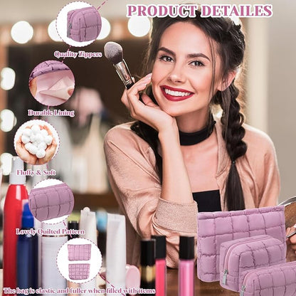 3 Pcs Puffy Makeup Bag Quilted Cosmetic Pouch for Women Cute Checkered Travel Toiletry Bag Puffer Makeup Organizer Purse Pouch Preppy Pencil Case with Zipper(Nude Pink)