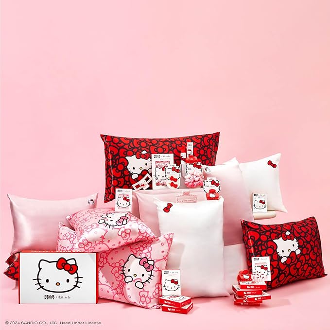 Kitsch x Hello Kitty Sea of Bows - Satin Pillowcase with Zipper for Hair and Skin, Softer Than Silk, Smooth Cooling Pillow Covers, Machine Washable - Queen/Standard Size (19x26)