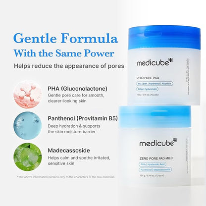 Medicube Zero Pore Pads Mild 2.0 (70 units) - Gentle Calming Toner Pads for Exfoliation, Minimizing Pores, and Blackhead Removal with PHA - Ideal for All Skin Types - Korean Skin Care