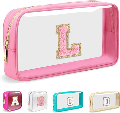 Small Clear Personalized Initial Makeup Bag,Nylon Preppy A-Z Chenille Letter Patch Cosmetic Pouch Beach Toiletry Bag,Waterproof Zipper Travel Purse Storage Bag Organizer for Women Girls(Pink-Pink L)