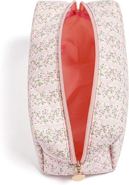 JOVAKIT Square Makeup Bag Cute Cosmetic Bag for Women, Floral Coquette Aesthetic Toiletry Bag, Zipper Make Up Pouch, Travel Make Up Organizer Bag (Pink+Bright Red Floral)