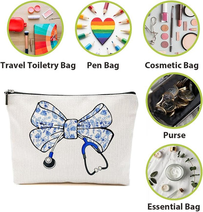 Nurse Gifts, Blue Bow Makeup Bag, Nurse Accessories Funny Horse Cosmetic Bag, Doctor Gift Nursing Travel Organizer Zipper Pouch Thank You Nurses Week Gifts for Women Coworker Physician Assistant