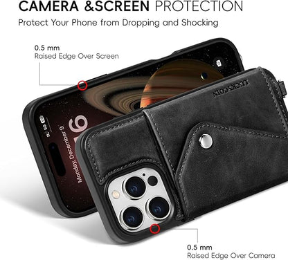 LUCKYCOIN Crossbody Wallet Phone Case for iPhone 16 Pro,100% Genuine Leather Wallet Phone Case with Expandable Flip Card Holder,Phone Purse for Women with Adjustable Removable Strap - Black
