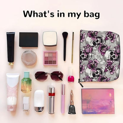 MOLAIGIN Skull Purple Flower Cosmetic Bag For Women, Travel Makeup Bag, Toiletry Zipper Bag, Large Capacity Aesthetic Cases
