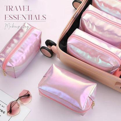 Sanwuta 9 Pcs Makeup Bags Bulk PU Double Zippers Cosmetic Bag Makeup Toiletry Christmas Small Pouch Portable Travel Organizers Case for Women Bridesmaid Party End of The Year(Laser Pink)