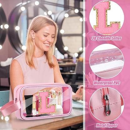 Initial Makeup Bag,Letter L Cute Clear Monogrammed Cosmetic Travel Bag for Womens Girls,Personalized Pink Aesthetic Traveling Make Up Organizer Bag for Beach,Waterproof Toiletry Bag