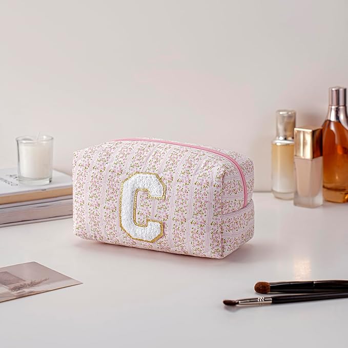 JOVAKIT Makeup Bag Cosmetic Bags for Women, Christmas Gifts for Girls Age 6-18, Alphabet Pink Floral Coquette Zipper Travel Makeup Pouch, Organizer Case Trendy Stuff (Pink+ Blue C)