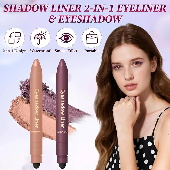 Shadow Liner 2-in-1 Eyeliner Eyeshadow, Inelaborate Eye Shadow, Shadow Liner Duo Plum, 2-in-1 Eye Makeup Eyeliner + Eyeshadow Waterproof, Smooth and Easy to Color(2PCS)