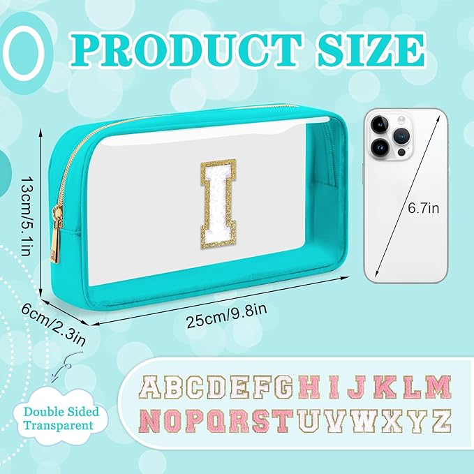 Small Clear Personalized Initial Makeup Bag,Nylon Preppy A-Z Chenille Letter Patch Cosmetic Pouch Beach Toiletry Bag,Waterproof Zipper Travel Purse Storage Bag Organizer for Women Girls(Cyan-White I)