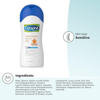 Cetaphil Ultra Gentle Refreshing Body Wash, For Dry to Normal, Sensitive Skin, 16.9oz, with Aloe Vera, Calendula, Vitamin B5, Hypoallergenic, Fragrance Free, Dermatologist Tested (Pack of 2)