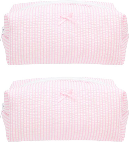 PAZIMIIK 2PCS Cozy Makeup Bag Travel Cosmetic Bag for Women Soft Toiletry Bag Aesthetic Makeup Organizer Portable Large Zipper Pouch for Skincare Beauty Accessories Brushes Stripe Pink
