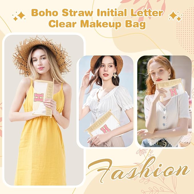 Small Boho Straw Initial Letter Makeup Bag Personalized Gift ,Cute Clear Chenille Patch Makeup Bag With Zipper,Trendy TSA Approved Travel Toiletry Bag,Gift for Women Girls Birthday Friend, Letter H