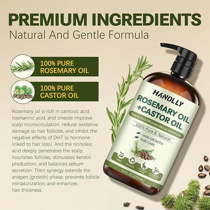 Rosemary Castor Oil for Hair Growth 16oz - 100% Pure Rosemary Oil with Castor Oil, Blend of Effective Hair Oils For Hair Growth, Hydration Scalp, Reduce Loss & Split Ends