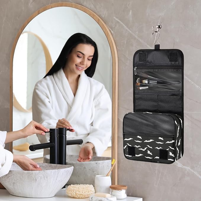 Travel Toiletry Bag for Women & Men Black Bat Modern Hanging Cosmetic Organizer Portable Waterproof Makeup Case Make Up Bag with Compartments Travel Essentials for Bathroom Shower