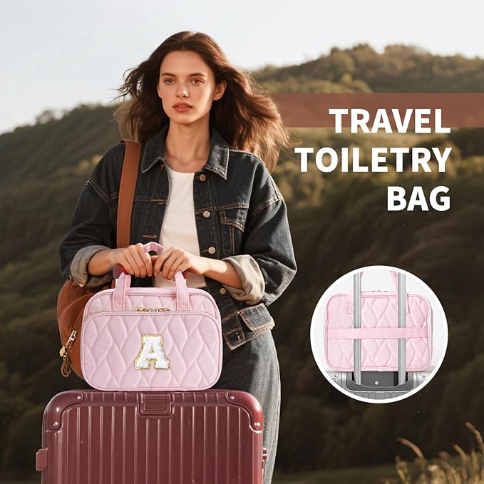 YOOLIFE Hanging Toiletry Bag for Women - Travel Toiletry Bag Makeup Bag, Portable Toiletries Cosmetic Bag, Airplane Travel Essentials - Letter P, Pink