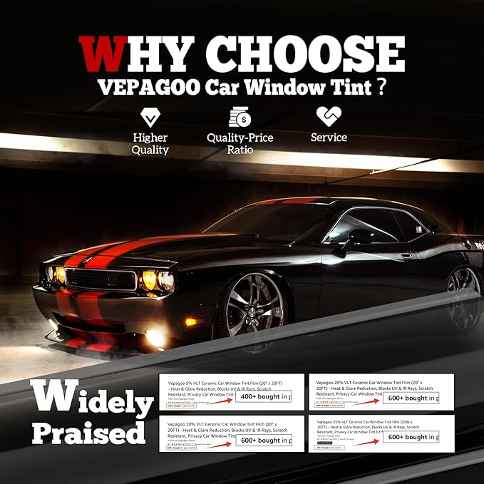 Vepagoo 15% VLT Ceramic Car Window Tint Film (20" x 15FT) - Heat & Glare Reduction, Blocks UV & IR Rays, Scratch Resistant, Privacy Car Window Tint Fit for Sedan SUV