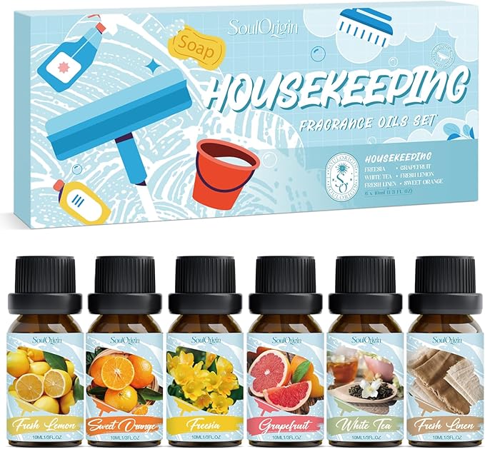Housekeeping Fragrance Oils Set, Essential Oil Gift Set for Diffuser, Clean Scent Diffuser Oil, Use with Wool Dryer Balls - Lemon, Sweet Orange, White Tea, Fresh Linen, Freesia, Grapefruit