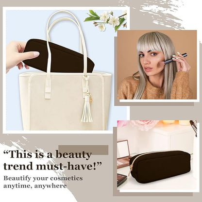 izuzta Nylon Small Makeup Bag Slim Pouch, Preppy Cute Makeup Brush Case Bag Cosmetic Zipper Pouch for Purse, Waterproof Travel Toiletry Bag Clutch Coin Pouch Make Up Organizer for Women(Brown)