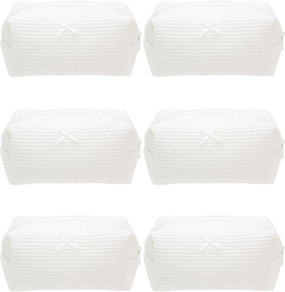 PAZIMIIK 6PCS Cozy Makeup Bag Travel Cosmetic Bag for Women Soft Toiletry Bag Aesthetic Makeup Organizer Portable Large Zipper Pouch for Skincare Beauty Accessories Brushes Waffle Check Cream White
