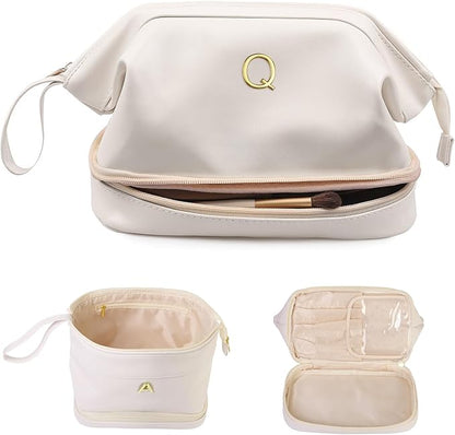 Bridesmaid Gift, Initial Makeup Bags, Personalized Double Layer Cosmetic Bag with Makeup Brush Organizer, Waterproof, Large Capacity PU Leather Travel Toiletry Bag