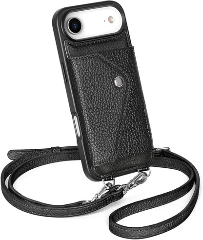 LUCKYCOIN Crossbody Wallet Phone Case for iPhone Air,100% Genuine Leather Wallet Phone Case with Expandable Flip Card Holder,Phone Purse for Women with Adjustable Removable Strap - Pebble Black