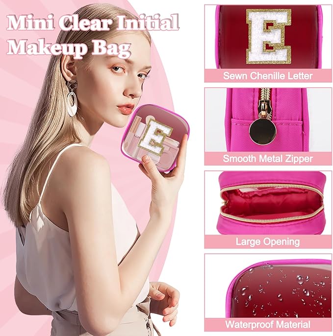 Mini Clear Personalized Initial Makeup Bag,Nylon Preppy A-Z Chenille Letter Patch Zipper Cosmetic Bag, Small Cute Beach Pouch Travel Purse Sanitary Napkin Storage Bag for Women Girls(Hot Pink-White E)