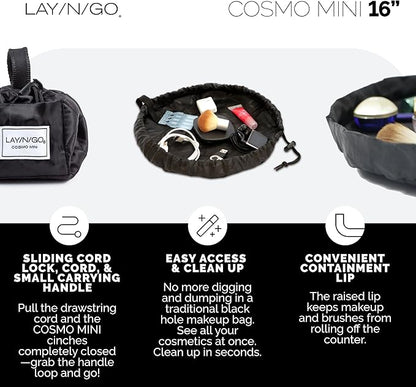 Lay-n-Go Cosmo Layflat Drawstring Cosmetic & Makeup Bag Organizer w/Zipper Pocket, Brush Loops & More, Cinch to Close, Lay Flat to Use, Durable, Machine Wash, Travel Toiletry Bag (16", Black)