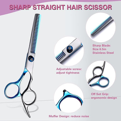 Hair Cutting Scissors Kit 11PCS, Professional Haircut Scissors with Japanese Stainless Steel Shears, Thinning Shears, Haircut Accessories in Leather Case for Salon/Home (Black - Blue)