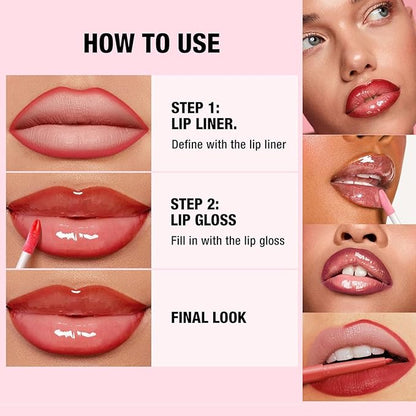 Red Lip Liner Waterproof Lip Liner and Gloss Set High Pigment Long Lasting Plum Smudge proof Lip Gloss and Lip Liner Set (10# Red)