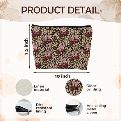 Leopard Print Cherry Makeup Bag, Coquette Preppy Pink Bow Cherry Cosmetic Bags Gifts for Women, Funky Y2k Cheetah Print Portable Travel Toiletry Bag Zipper Makeup Pouch