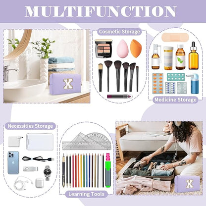 Personalized Makeup Bag Initial A-Z Preppy Patch Bag,Small PU Leather Travel Cosmetic Bag Pouch with Zipper,Purple Cute Toiletry Bag,Gift Ideal for Teen Girls Women Birthday Friend Mom,Latter X